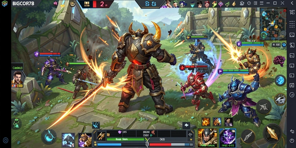 Screenshot gameplay seru dari BIGCOR78 yang menunjukkan pertempuran MOBA.