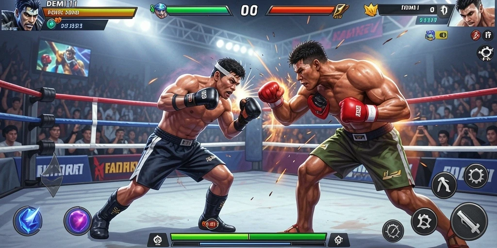 Screenshot gameplay DEMI11 menampilkan pertarungan epik dan karakter aksi.