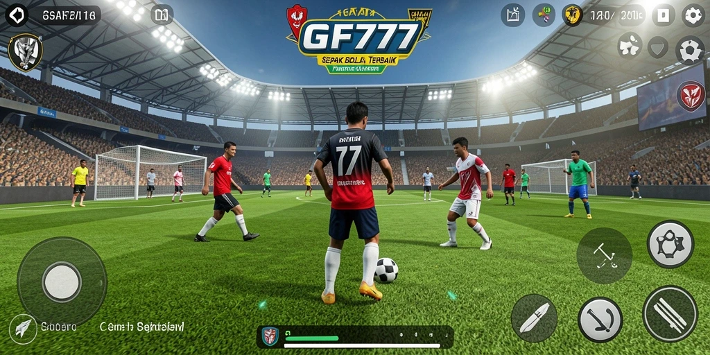 Screenshot menunjukkan aksi gameplay sepak bola yang menegangkan.