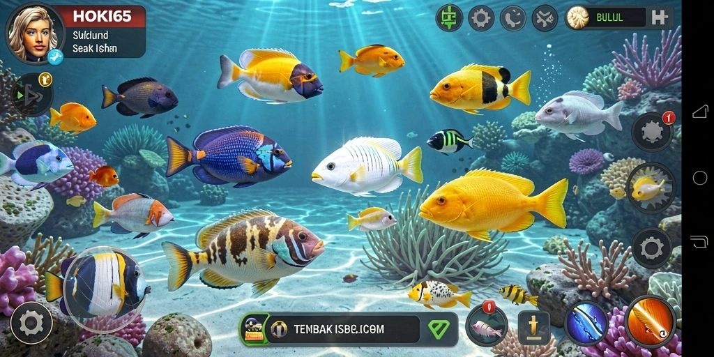 Tampilan gameplay HOKI65 dengan ikan berwarna-warni yang ditangkap.
