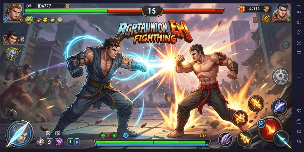 Screenshot IDA777 menampilkan karakter bertarung dengan latar belakang yang dinamis.
