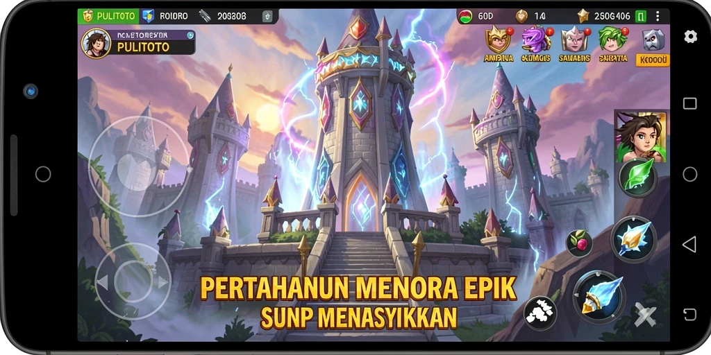 Screenshot PULITOTO menampilkan aksi menara dalam menghalau serangan musuh.