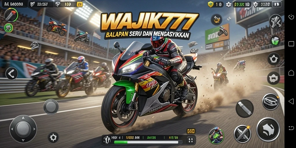 Gameplay seru WAJIK777 dengan aksi balapan motor yang mendebarkan.